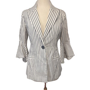 CABI Ivory & Navy Striped Bell Sleeve One Button Blazer Size 4